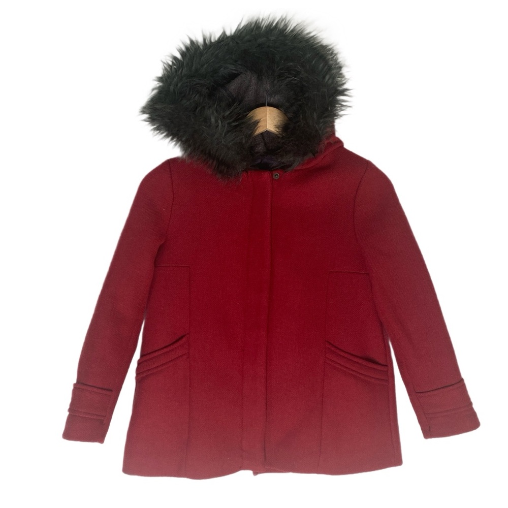 Zara Girls Soft Collection Wool Blend Red Wine Pea Coat Faux Fur Hood Sz 9/10